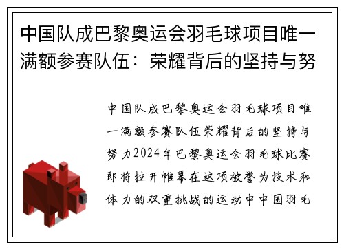 中国队成巴黎奥运会羽毛球项目唯一满额参赛队伍：荣耀背后的坚持与努力