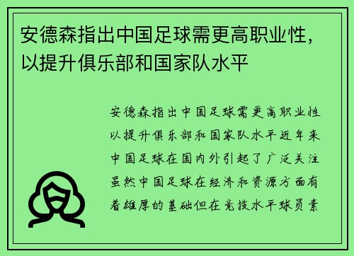 安德森指出中国足球需更高职业性，以提升俱乐部和国家队水平