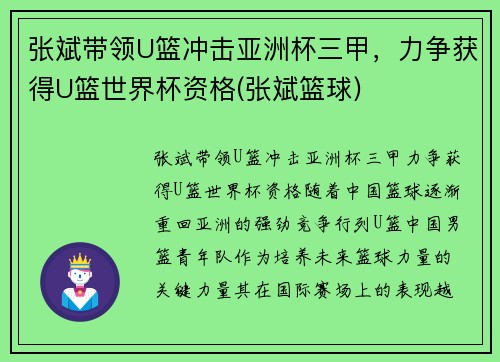 张斌带领U篮冲击亚洲杯三甲，力争获得U篮世界杯资格(张斌篮球)