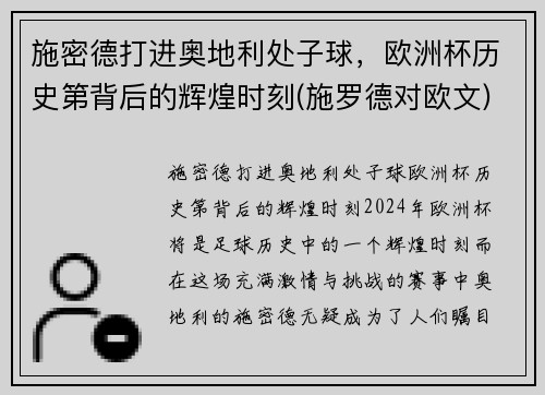 施密德打进奥地利处子球，欧洲杯历史第背后的辉煌时刻(施罗德对欧文)