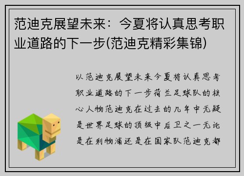 范迪克展望未来：今夏将认真思考职业道路的下一步(范迪克精彩集锦)