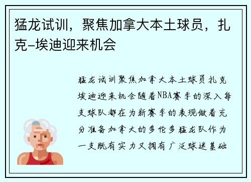 猛龙试训，聚焦加拿大本土球员，扎克-埃迪迎来机会